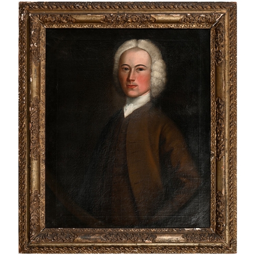 646 - English School, 18th century - Portrait of a Gentleman, half length in a brown coat and white stock,... 