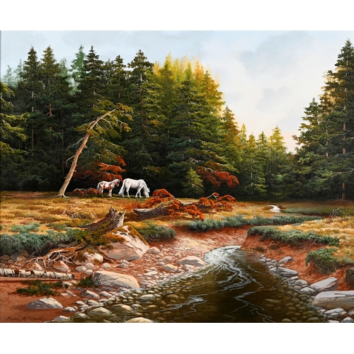 649 - Brian Horswell (b. 1939) - Horses in Bellever Forest; Ponies on a Moor, two, signed, oil on canvases... 