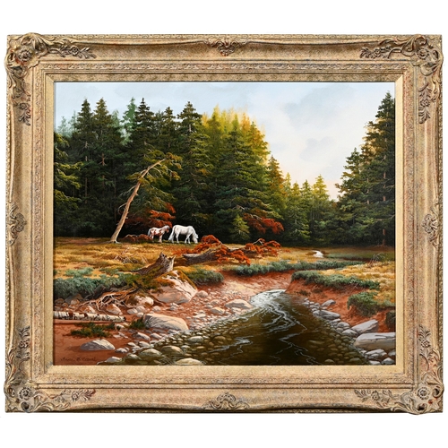 649 - Brian Horswell (b. 1939) - Horses in Bellever Forest; Ponies on a Moor, two, signed, oil on canvases... 