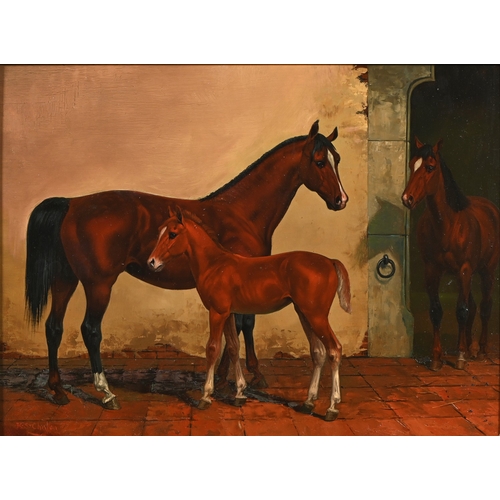 653 - Kingsley S. Chalon (1872-1932) - Two Horses and a Foal in a Stable, signed, oil on panel, 29 x 39cm;... 