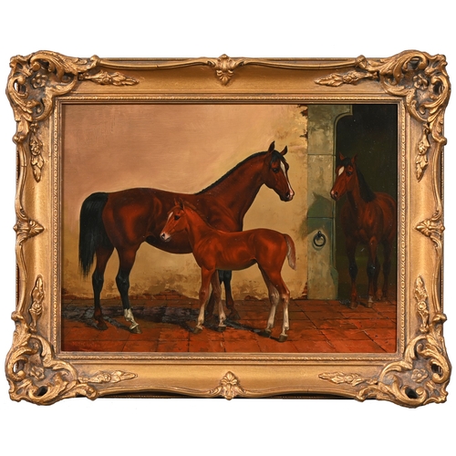 653 - Kingsley S. Chalon (1872-1932) - Two Horses and a Foal in a Stable, signed, oil on panel, 29 x 39cm;... 