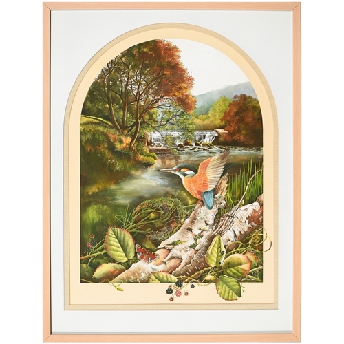 658 - Robert Coppillie (b. 1951) - A Kingfisher and a Butterfly by a Woodland River, signed and dated 1980... 