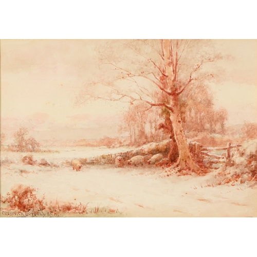 660 - Creswick Boydell RCA (1861-1919)- Sheep in Winter, signed, watercolour, 18.5 x 26cm; with two river ... 