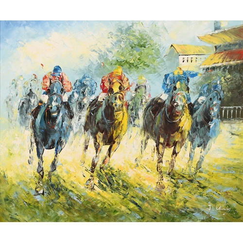 661 - 20th century School - The Horserace, signed J Danoy?, oil on canvas, 49.5 x 59cm