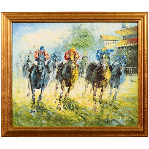 661 - 20th century School - The Horserace, signed J Danoy?, oil on canvas, 49.5 x 59cm