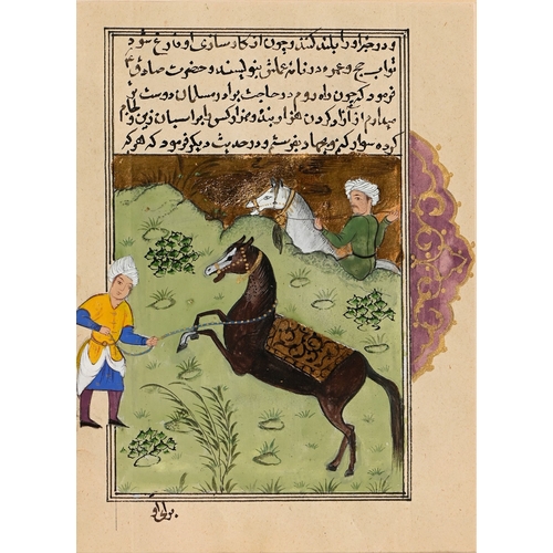 667 - An Indian illuminated leaf, 19th c, in the Mughal manner, centred by a dignitary on horseback, with ... 
