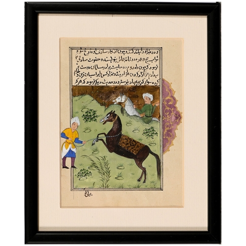 667 - An Indian illuminated leaf, 19th c, in the Mughal manner, centred by a dignitary on horseback, with ... 