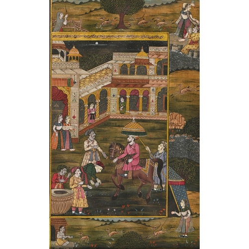667 - An Indian illuminated leaf, 19th c, in the Mughal manner, centred by a dignitary on horseback, with ... 