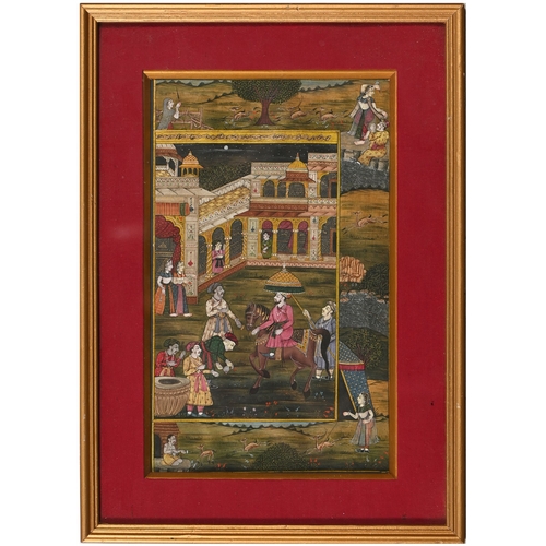 667 - An Indian illuminated leaf, 19th c, in the Mughal manner, centred by a dignitary on horseback, with ... 