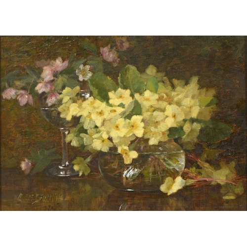 669 - Lester Sutcliffe (1848-1933) - Still Life of Pink and Yellow Primroses in Water, signed, oil on canv... 