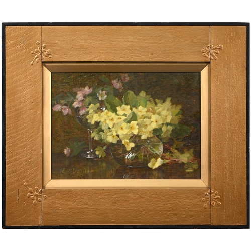 669 - Lester Sutcliffe (1848-1933) - Still Life of Pink and Yellow Primroses in Water, signed, oil on canv... 