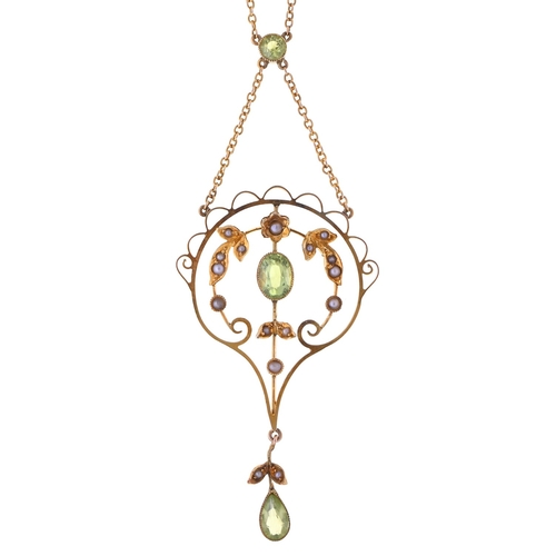 67 - An Edwardian peridot and split pearl openwork necklace, c1910, pendant 67mm, marked 9ct, 4.3g... 