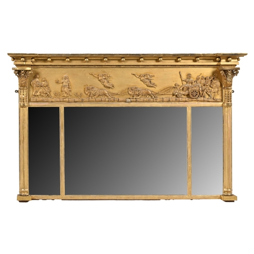 693 - A Victorian giltwood and composition overmantle mirror, the frieze of Cybele in a chariot drawn by l... 