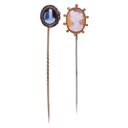 7 - Two Victorian gold stickpins, with cameo terminal, one a mourning example with hardstone cameo of br... 