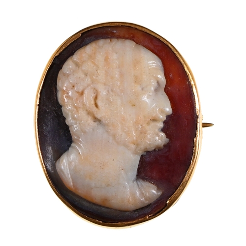 79 - An agate cameo of the head of a Greek philosopher, 18th c, oval 22mm, including later gold brooch... 