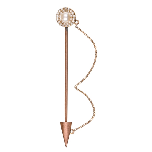 8 - A Victorian gold stickpin, with pearl cluster and dart chain, head 10mm diam, 2.5g