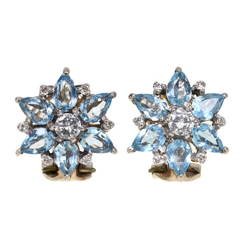 84 - A pair of diamond and aquamarine earrings, in 18ct two colour gold, 19mm, import marked London 1984,... 