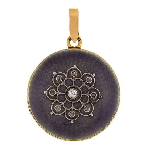 85 - A diamond, grey guilloche enamel and gold locket, c1930, 30mm diam, maker's mark J C conjoined and 7... 