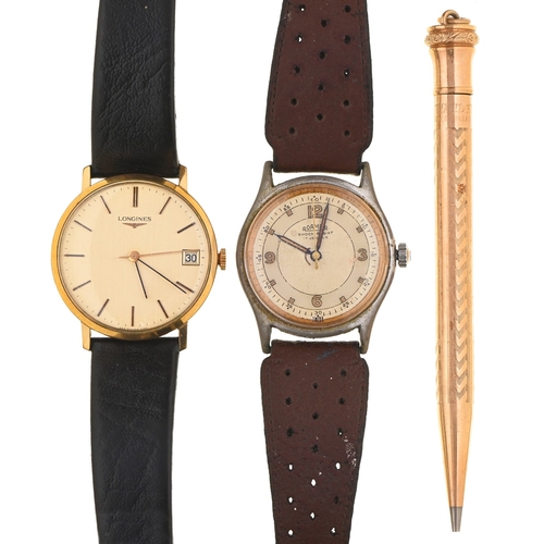 88 - A Longines gold plated gentleman's wristwatch, mechanical movement, with date, 34mm diam, a Roamer p... 