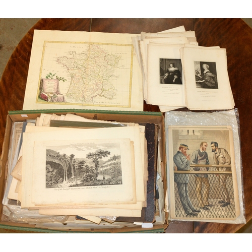 891 - One box of 18th c and later pictures and prints, mostly engravings and book illustrations, some maps... 