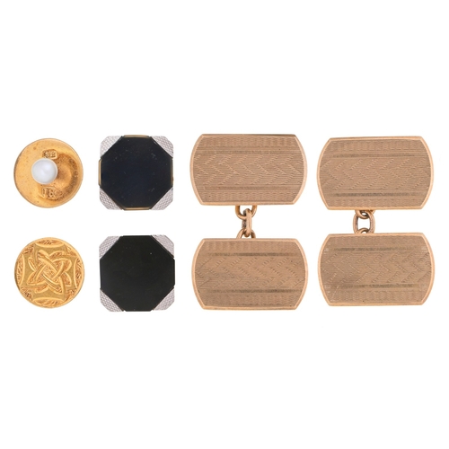 90 - A pair of 9ct gold cufflinks, engine turned, 10 x 17mm, Chester 1935, a pair of white gold and black... 