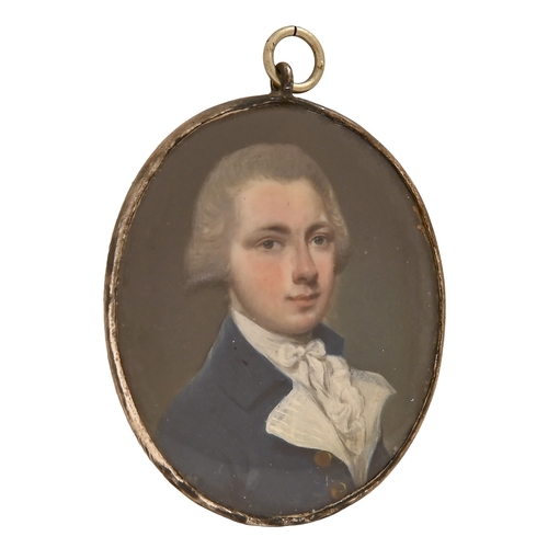 593 - English School, c1780 - Portrait Miniature of a Gentleman, in white stock and blue coat with brass b... 