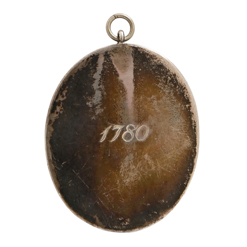 593 - English School, c1780 - Portrait Miniature of a Gentleman, in white stock and blue coat with brass b... 