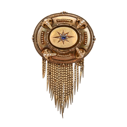 115 - A Victorian sapphire, diamond and pearl brooch, in gold, with tassel fringe and locket back, 83mm h,... 