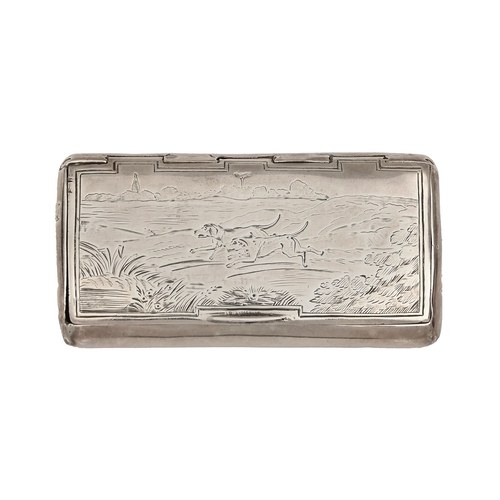 212 - A George III silver snuff box, with flush joint, the lid engraved with a couple of hounds in a lands... 