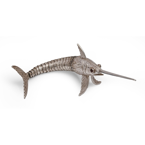 213 - A Continental silver articulated swordfish  20th c, with red glass eyes, 18cm l, unmarked 1oz 4dwt... 