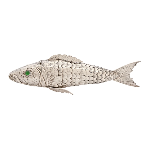 219 - A German silver articulated fish box, with green glass eyes, 24cm l, by Ludwig Neresheimer of Hanau,... 