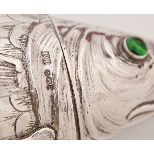 219 - A German silver articulated fish box, with green glass eyes, 24cm l, by Ludwig Neresheimer of Hanau,... 