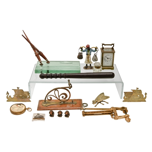 429 - Miscellaneous bygones, early 20th c and later, including brass carriage timepiece, with platform lev... 