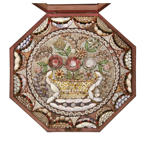 430 - A Victorian sailor's shellwork valentine, probably Barbados, 19th c,&nbsp;of a basket of flowers in ... 