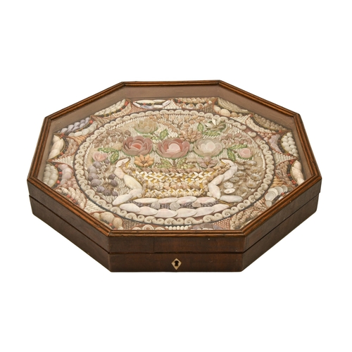 430 - A Victorian sailor's shellwork valentine, probably Barbados, 19th c,&nbsp;of a basket of flowers in ... 