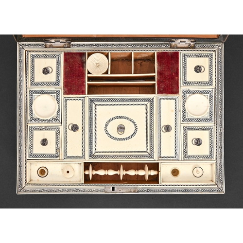 480 - An Anglo-Indian ivory-veneered work box, Vizagapatam, early 19th c, of sandalwood and decorated in l... 