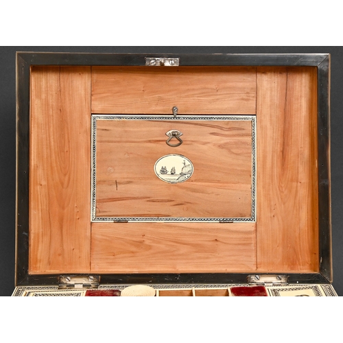 480 - An Anglo-Indian ivory-veneered work box, Vizagapatam, early 19th c, of sandalwood and decorated in l... 
