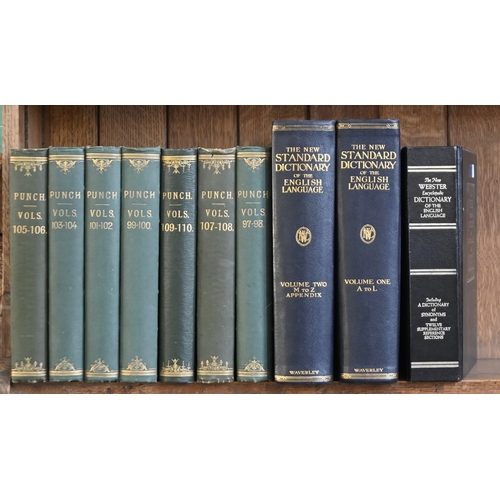 566 - Books. Five shelves of general stock, late 19th c and later, including seven Punch annuals in decora... 