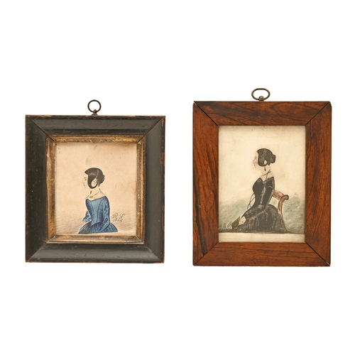 590 - English naive artists, 19th c - Portrait Miniatures of two young women,  one with initials and date ... 