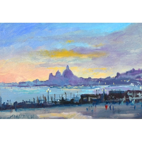 606 - Tony Sabin, late 20th century- Sunset Over Venice, signed, oil on board, 19 x 27.5cm... 