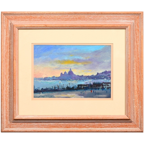 606 - Tony Sabin, late 20th century- Sunset Over Venice, signed, oil on board, 19 x 27.5cm... 