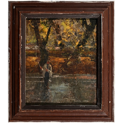 608 - David Cobb (1921-2014) - Fly Fishing, signed, oil on canvas, 52 x 41cm