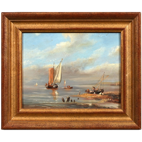 616 - English Marine School, second-half 19th century - Schooners by the Shore, oil on mahogany panel, 14.... 