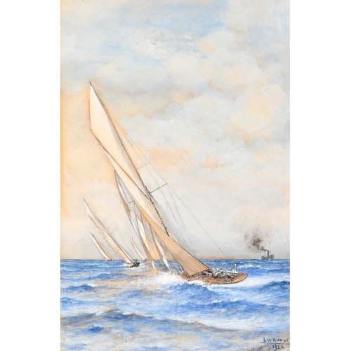 616 - English Marine School, second-half 19th century - Schooners by the Shore, oil on mahogany panel, 14.... 