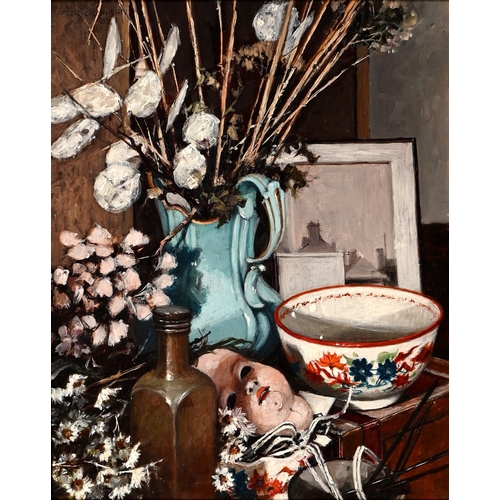 617 - Peter Brannan (1926-1994) - Still Life with a Porcelain Doll's Head, China, Flowers and Pictures, si... 