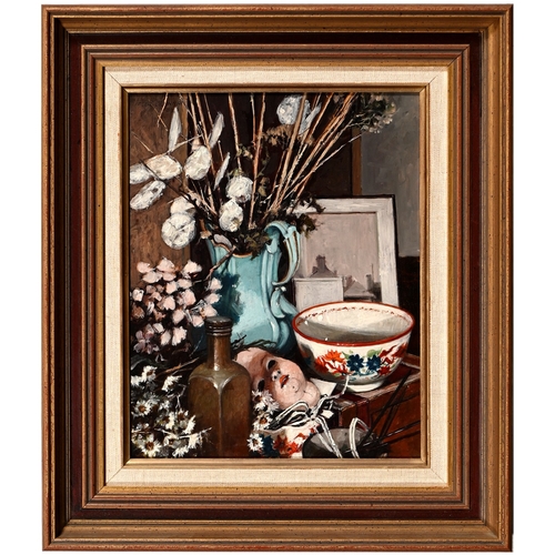617 - Peter Brannan (1926-1994) - Still Life with a Porcelain Doll's Head, China, Flowers and Pictures, si... 