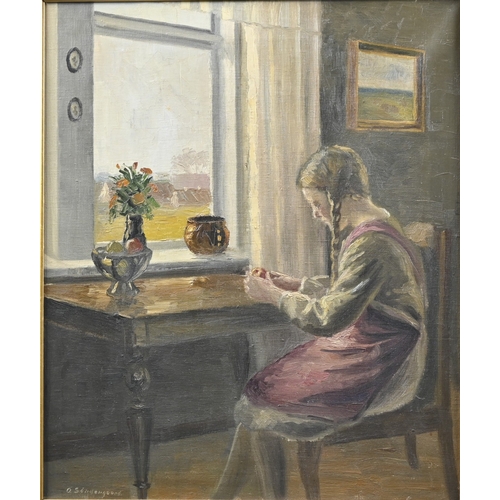 623 - Ole S&oslash;ndergaard (1876-1958) - A Young Girl Peeling an Orange, seated before a window, oil on ... 