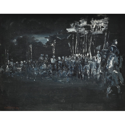 625 - Clench, 64 - An Army by Moonlight, signed and dated 64, oil on board, 34.5 x 44cm; Jeremy Leigh, lat... 