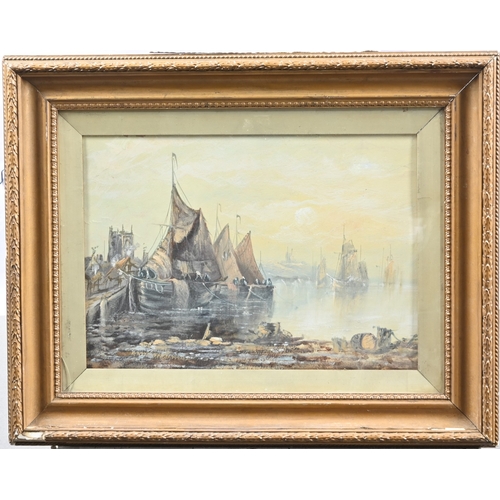 627 - English School, late 19th/early 20th century - Quayside, oil on board, 28.5 x 42cm