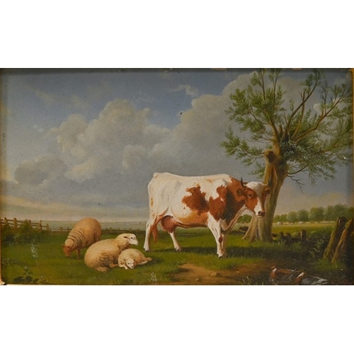 635 - English School, 19th century style - The Duck Pond, indistinctly signed, oil on board, 16 x 26cm... 